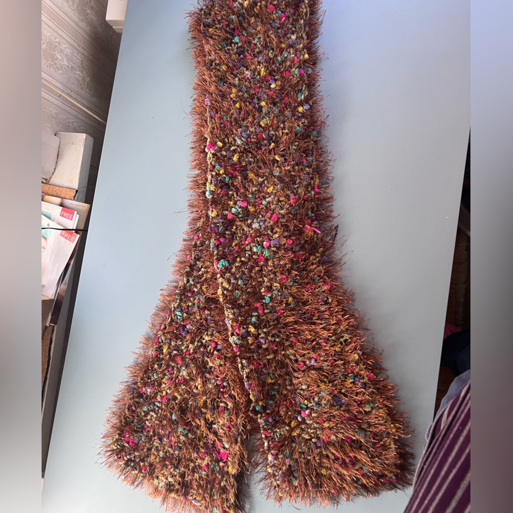 Handmade Knit Scarf Mixed Yarns Multicolored Brown Blue Red Yellow Hot Pink